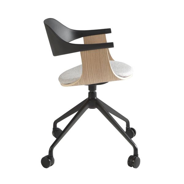 Swivel office chair in light gray fabric and black PVC