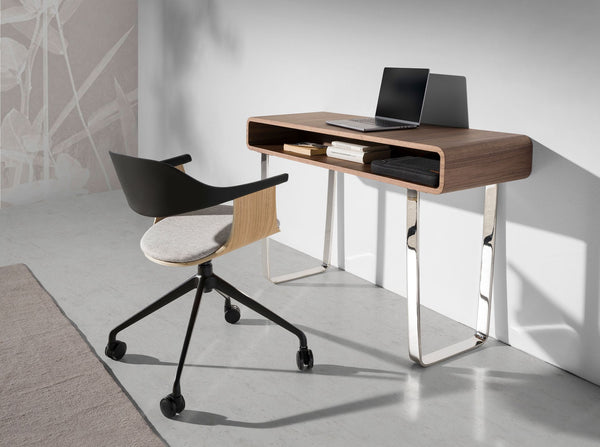 Swivel office chair in light gray fabric and black PVC