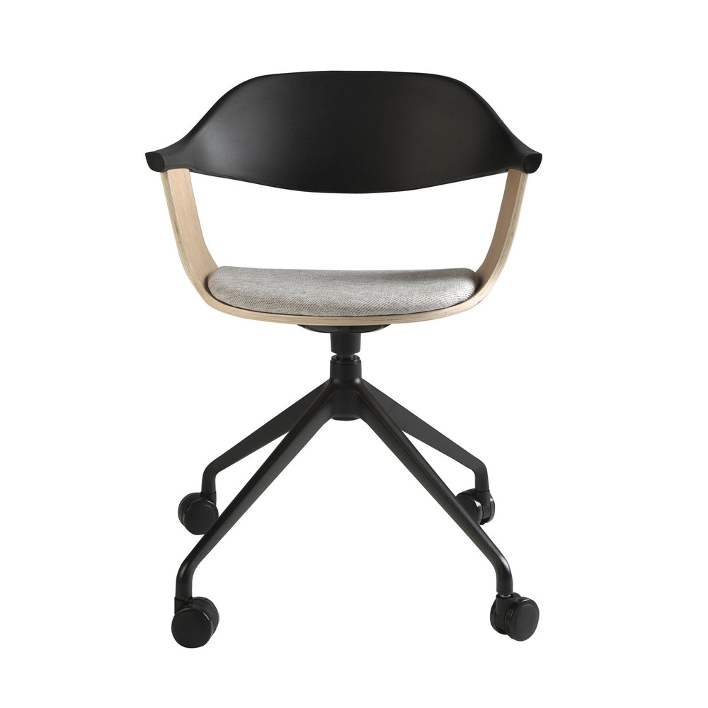 Swivel office chair in light gray fabric and black PVC