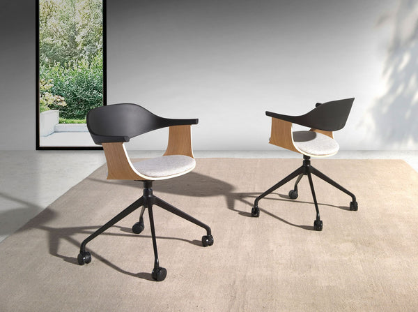Swivel office chair in light gray fabric and black PVC