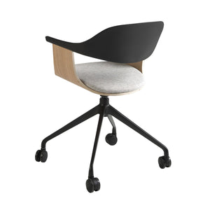 Swivel office chair in light gray fabric and black PVC