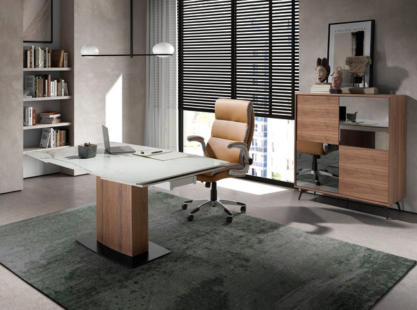 Brown faux leather swivel office chair