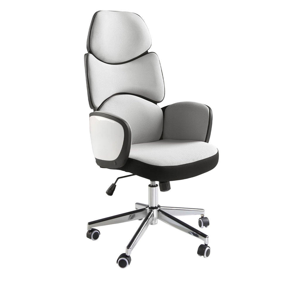 Swivel office chair in light gray fabric and glossy white PVC