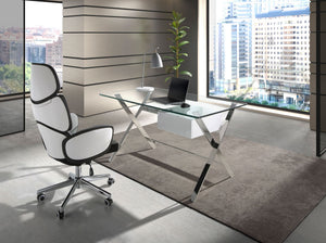 Swivel office chair in light gray fabric and glossy white PVC