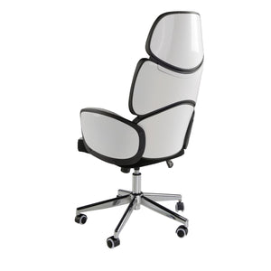Swivel office chair in light gray fabric and glossy white PVC