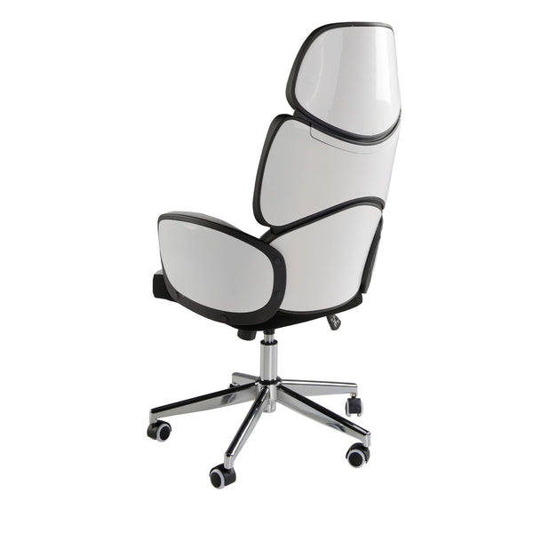 Swivel office chair in light gray fabric and glossy white PVC