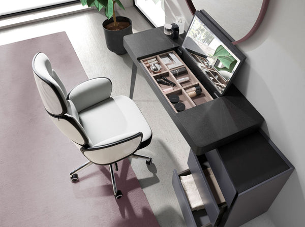 Swivel office chair in light gray fabric and glossy white PVC