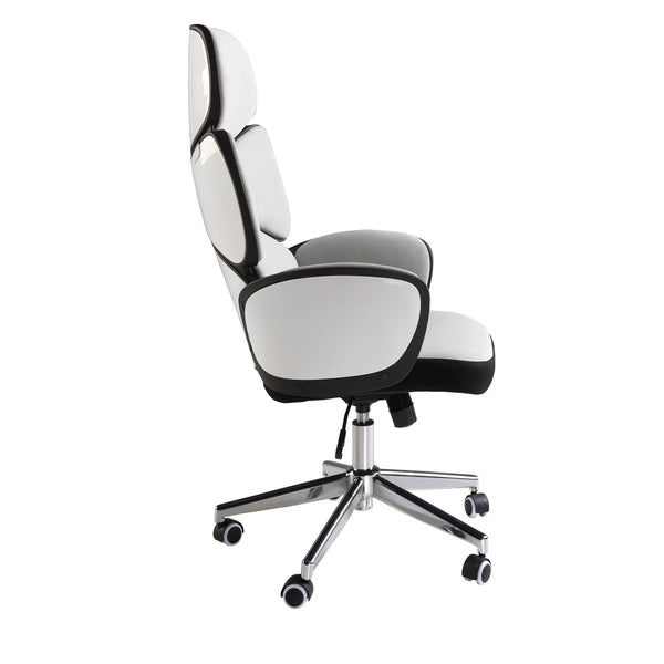 Swivel office chair in light gray fabric and glossy white PVC