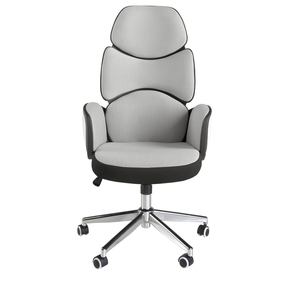 Swivel office chair in light gray fabric and glossy white PVC