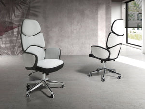 Swivel office chair in light gray fabric and glossy white PVC