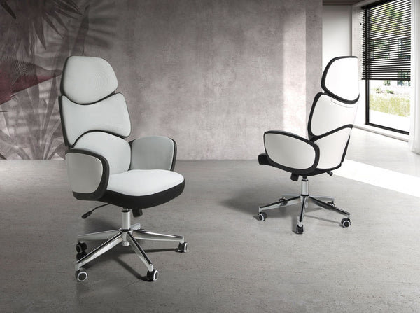 Swivel office chair in light gray fabric and glossy white PVC