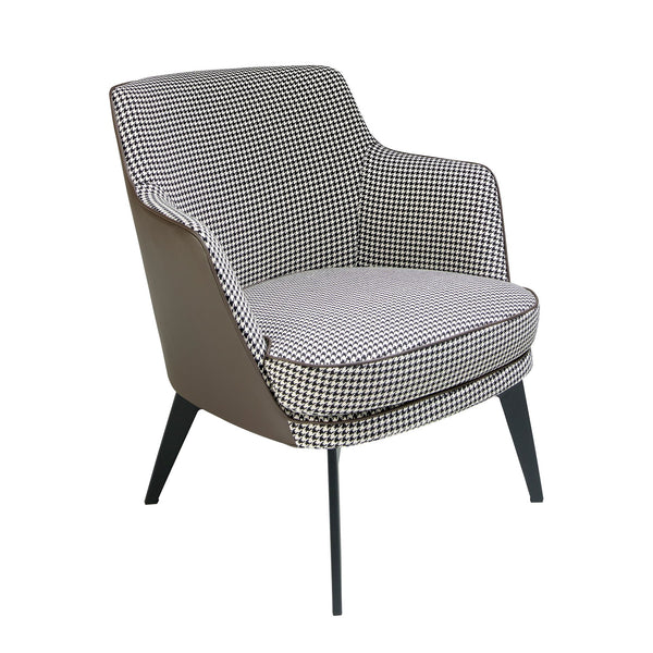 Armchair in black and white fabric and chocolate brown eco-leather