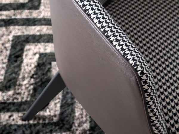 Armchair in black and white fabric and chocolate brown eco-leather