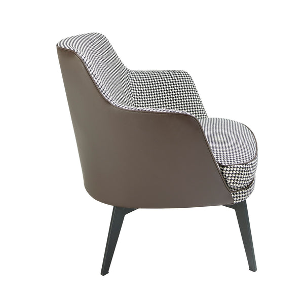 Armchair in black and white fabric and chocolate brown eco-leather