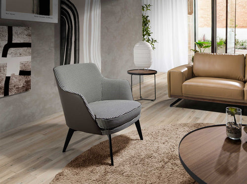 Armchair in black and white fabric and chocolate brown eco-leather