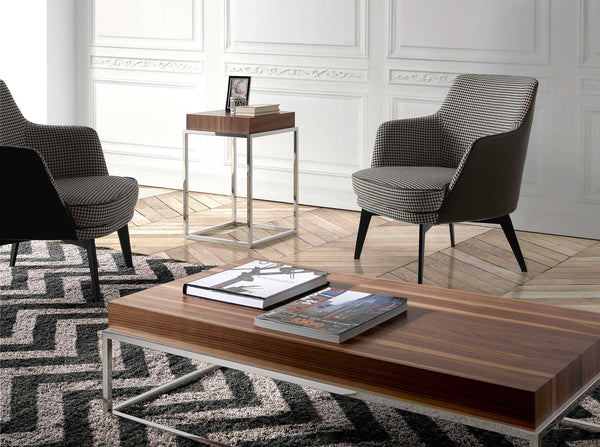 Armchair in black and white fabric and chocolate brown eco-leather