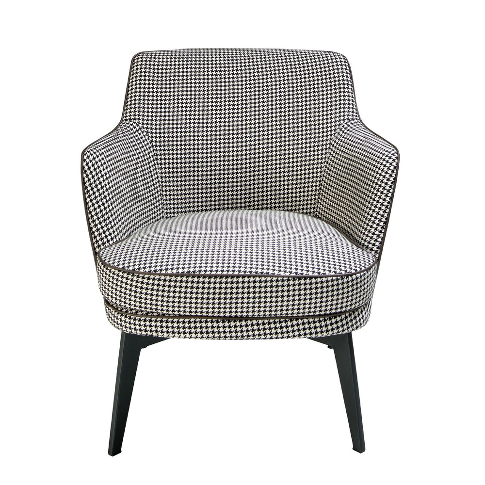 Armchair in black and white fabric and chocolate brown eco-leather
