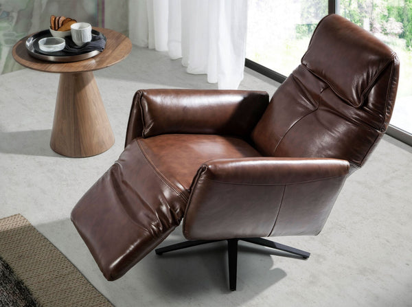 Swivel armchair in chocolate brown leather