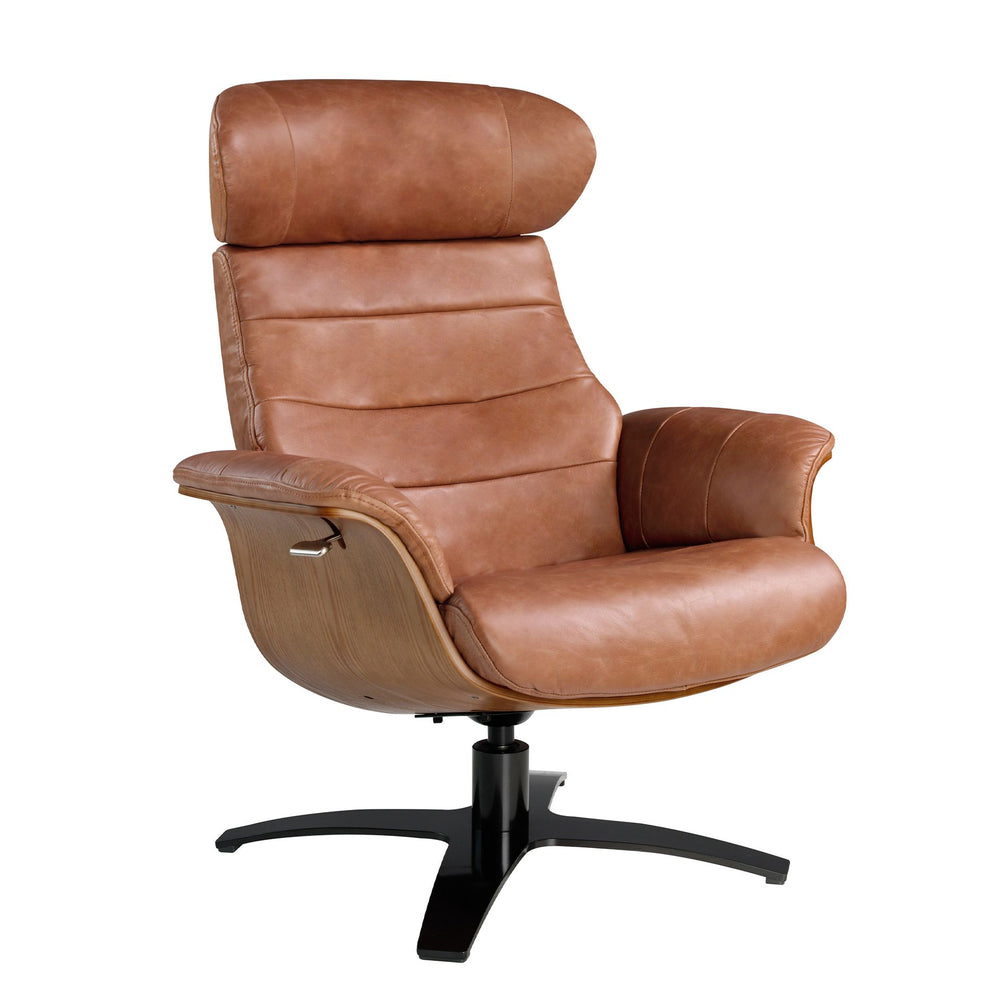Swivel reclining armchair in camel leather