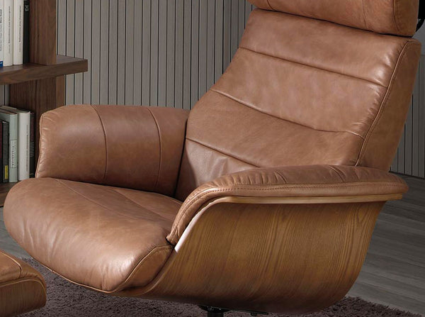 Swivel reclining armchair in camel leather