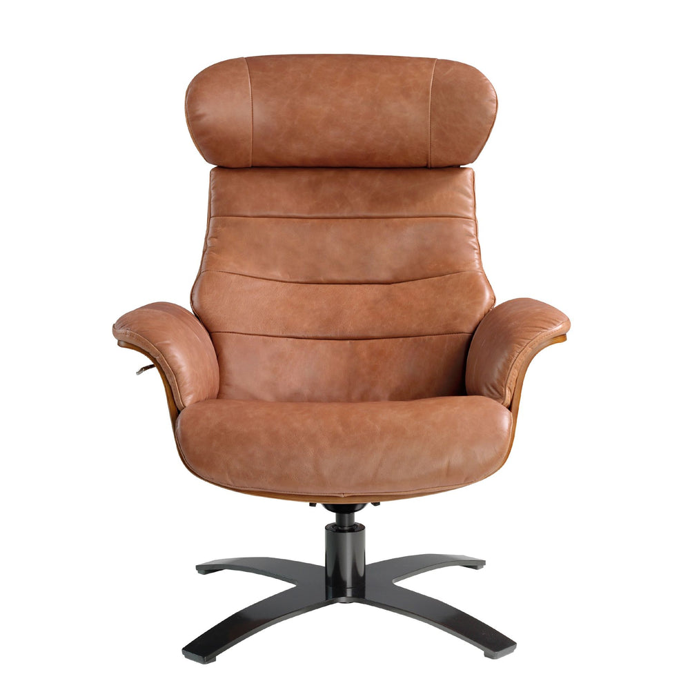 Swivel reclining armchair in camel leather