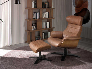 Swivel reclining armchair in camel leather