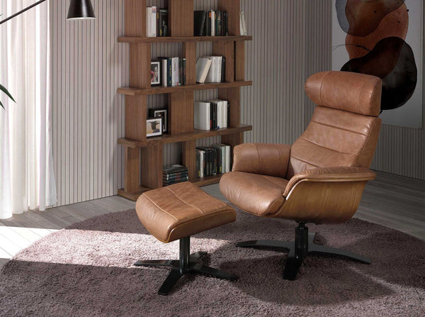 Swivel reclining armchair in camel leather
