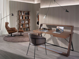 Swivel reclining armchair in camel leather