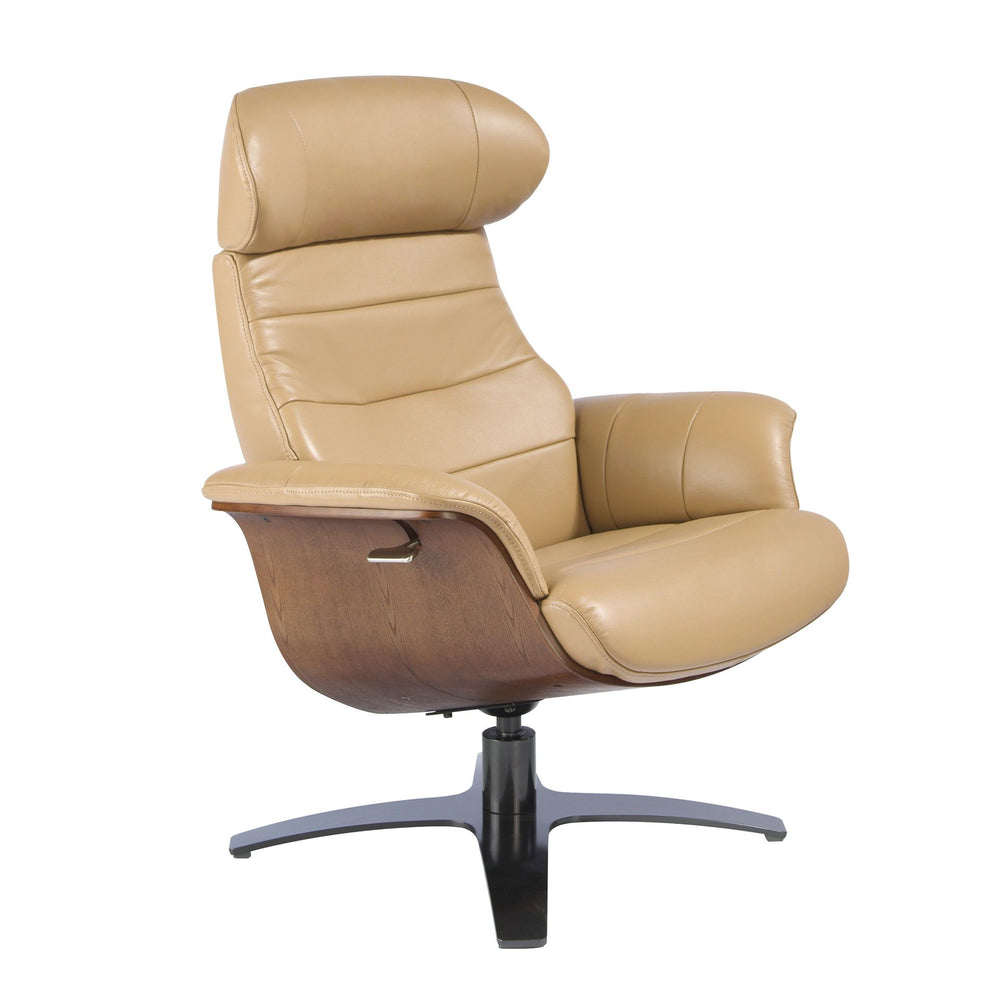 Reclining swivel armchair in sand-colored leather