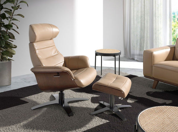 Reclining swivel armchair in sand-colored leather