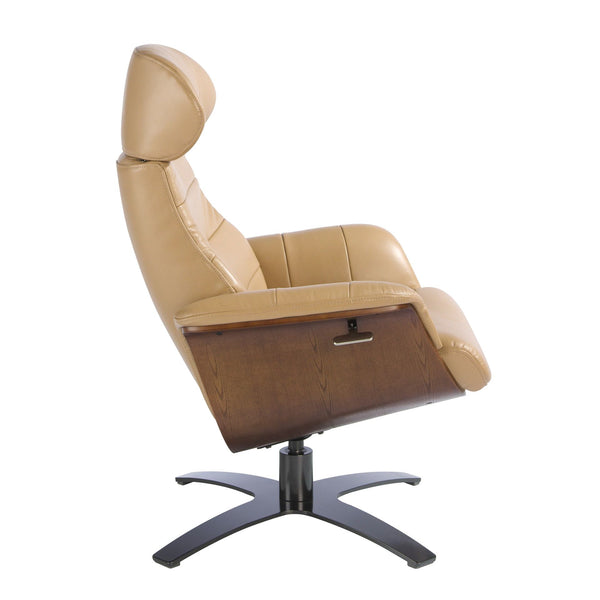 Reclining swivel armchair in sand-colored leather