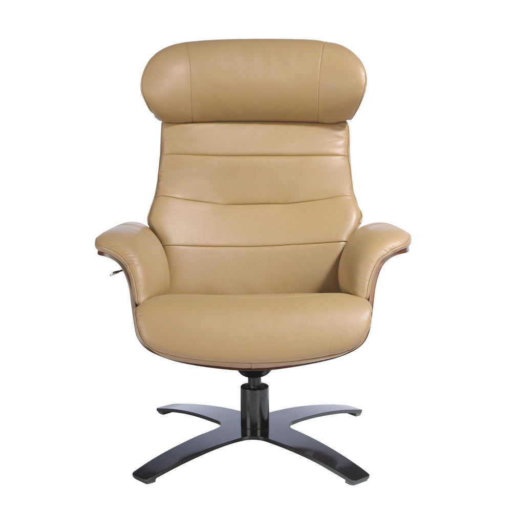 Reclining swivel armchair in sand-colored leather