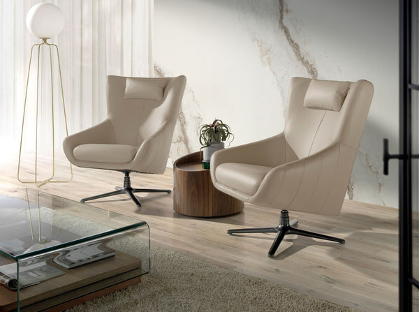 Swivel armchair in taupe gray leather