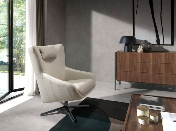 Swivel armchair in taupe gray leather