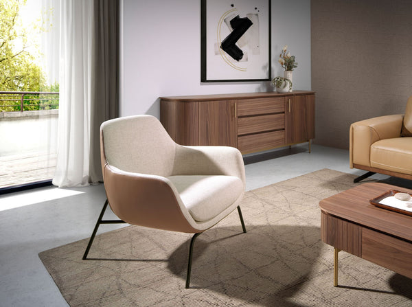 Armchair in cream fabric and brown eco-leather