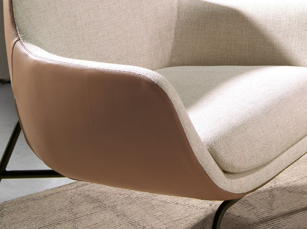 Armchair in cream fabric and brown eco-leather