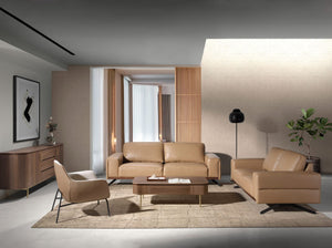 Armchair in cream fabric and brown eco-leather