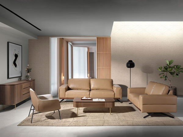 Armchair in cream fabric and brown eco-leather