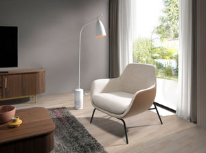 Armchair in cream fabric and brown eco-leather