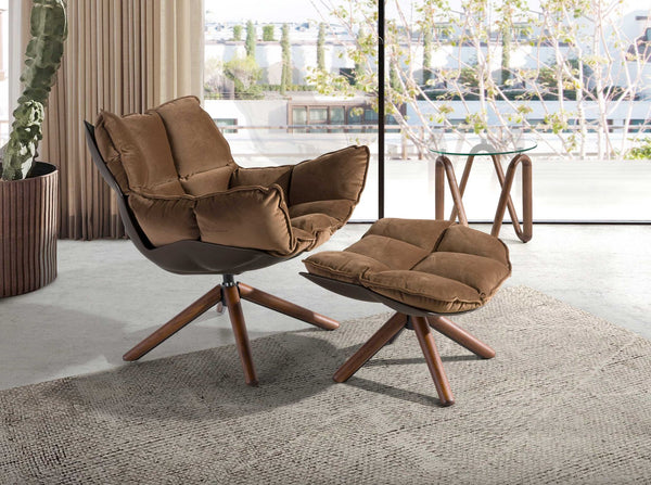 Swivel armchair in brown velvet and brown PVC