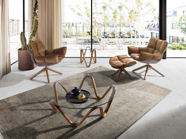 Swivel armchair in brown velvet and brown PVC