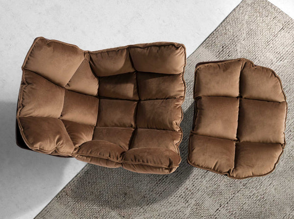 Swivel armchair in brown velvet and brown PVC