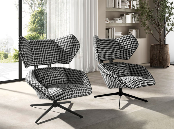 Swivel armchair in black and white fabric