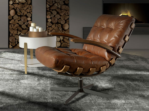 Swivel armchair in dark brown and walnut leather