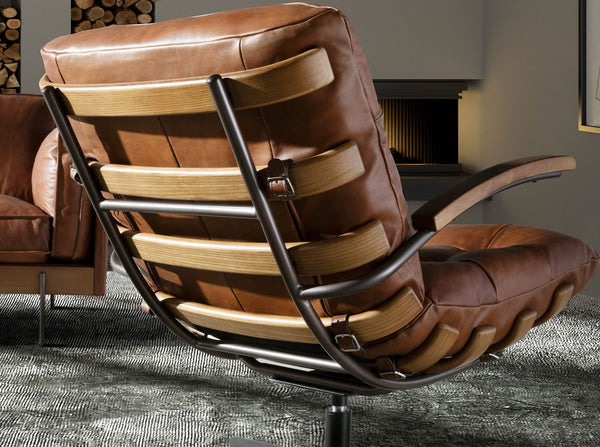 Swivel armchair in dark brown and walnut leather