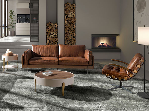 Swivel armchair in dark brown and walnut leather