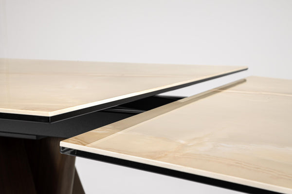 Extendable Dining Table 200–300 cm Walnut Finish with Onyx Effect Top