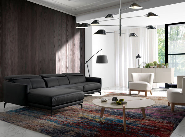 Left-hand chaise longue sofa in black leather