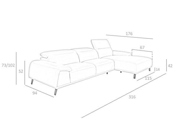 Right-hand chaise longue sofa in taupe gray leather