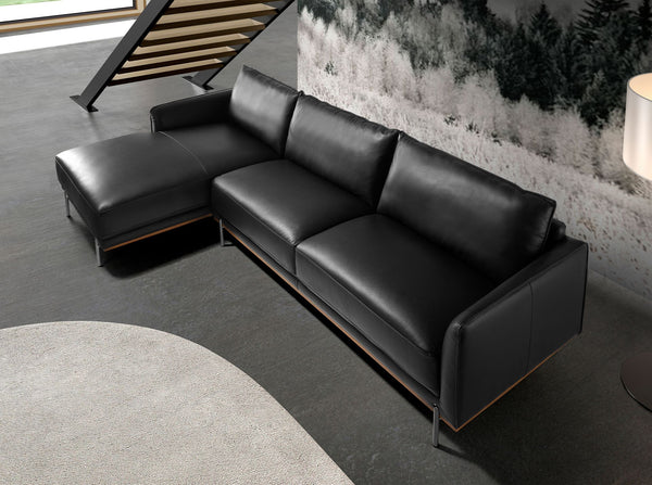 Left-hand chaise longue sofa in black leather